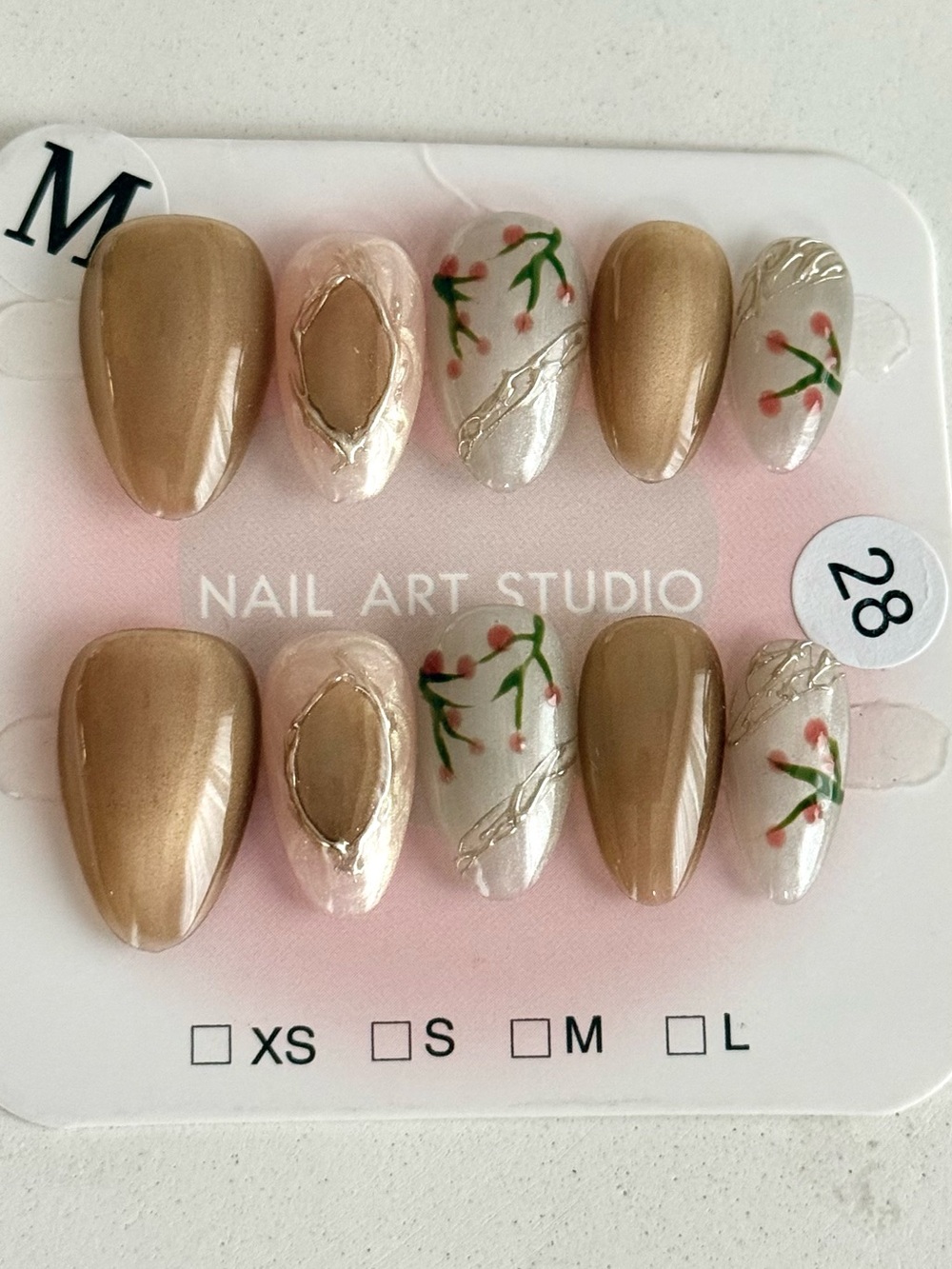 Handmade Neutral Beige and White Floral Press-On Nail Set Short Almond Size M